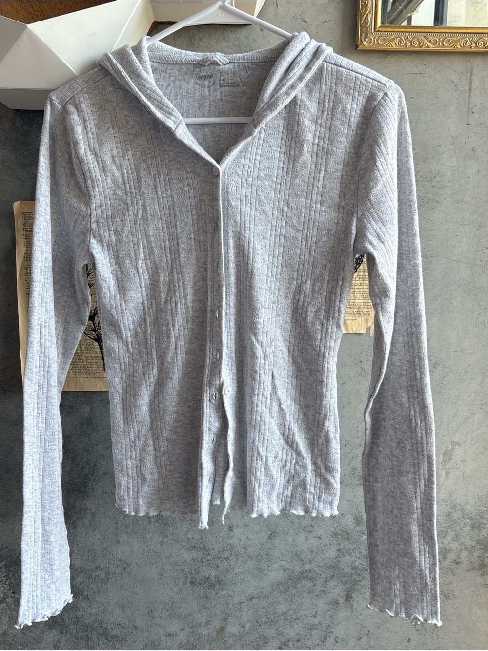 aerie Light Gray Ribbed Button-Front Hooded Top